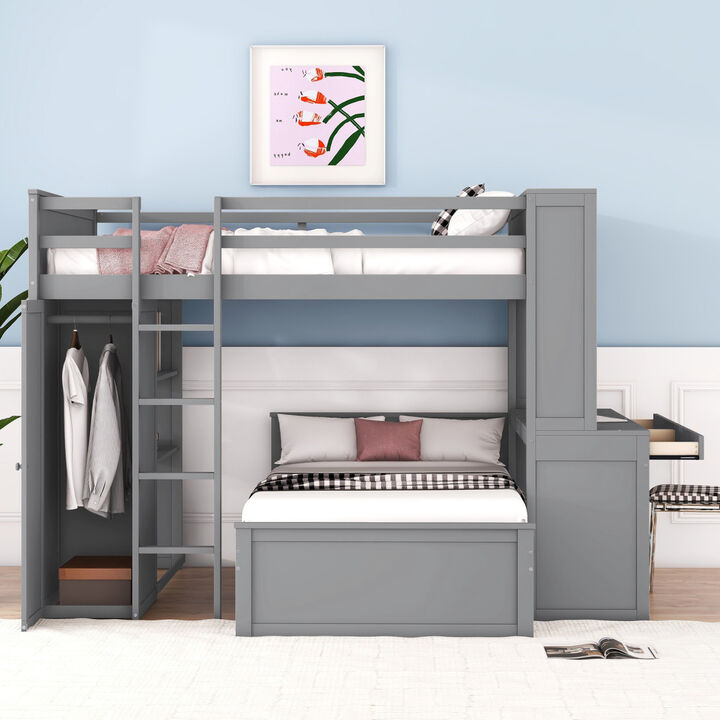 Full size Loft Bed with a twin size Stand-alone bed, Shelves,Desk,and Wardrobe-Gray