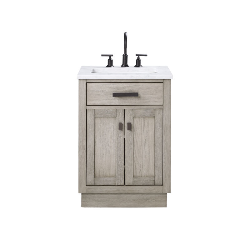 Chestnut 24 In. Single Sink Carrara White Marble Countertop Bath Vanity In Grey Oak with Oil Rubbed Bronze Hardware