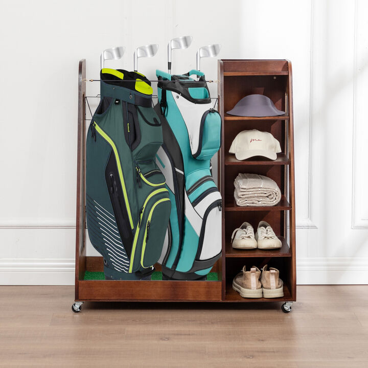 WOW PIONEER Heavy Duty Wooden Golf Bag Storage Rack with 3 Drawers - Holds Stand Bags, Clubs, Balls, Shoes & Accessories