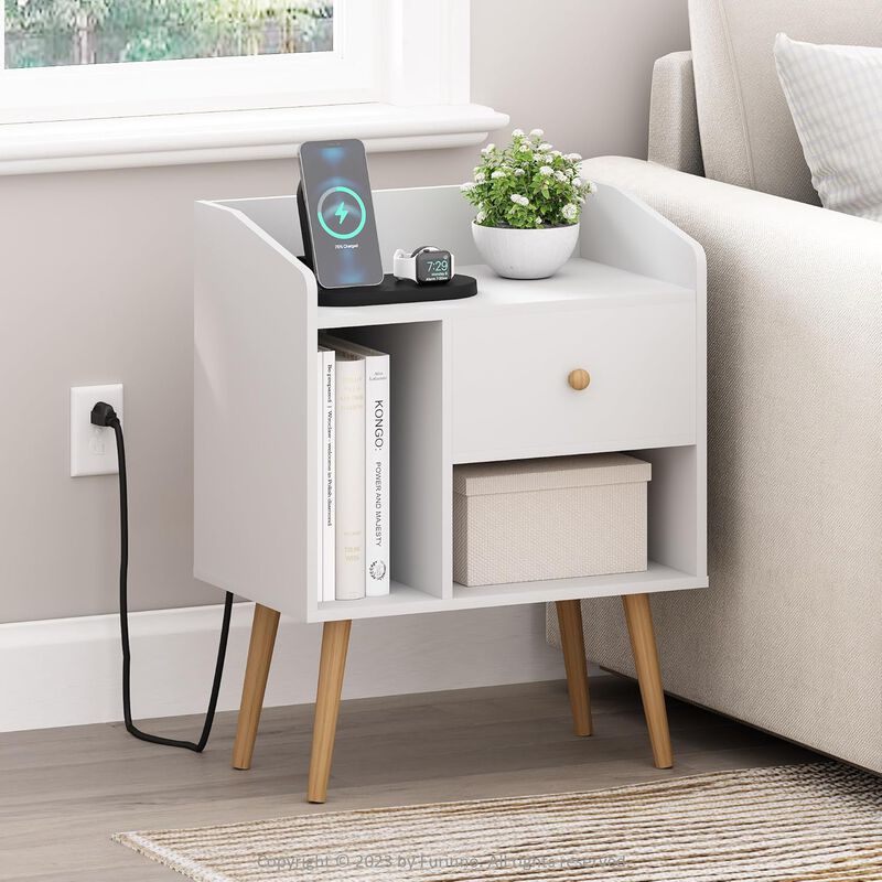 Mid Century Style End Table, Side Table with USB and Type-C Charging Station