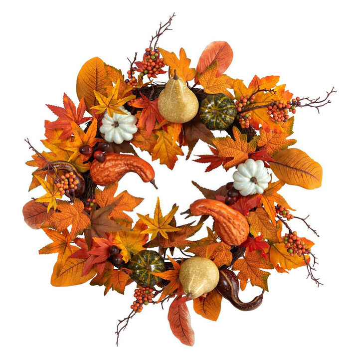 Nearly Natural 24-in Autumn Pumpkin, Gourd and Berries in Assorted Colors Artificial Fall Wreath