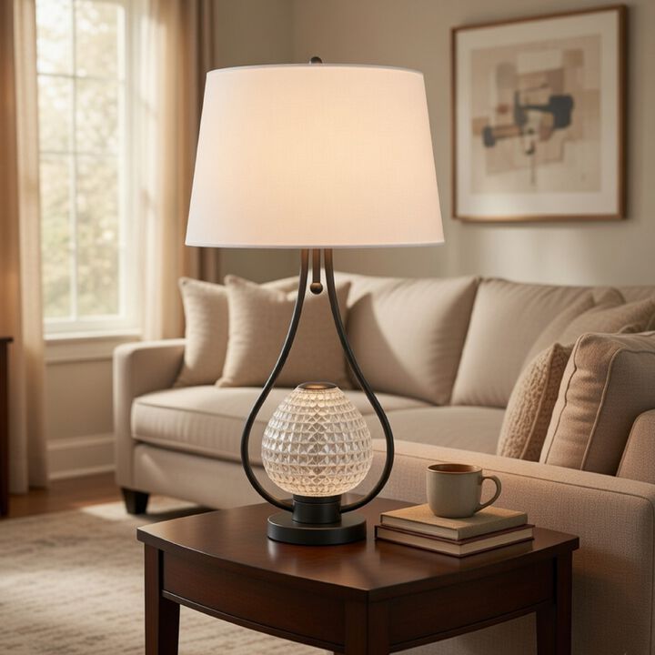 Table Lamp with Nightlight, Teardrop Diamond Design Glass Body, Gray Metal