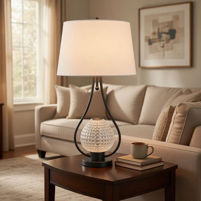 Table Lamp with Nightlight, Teardrop Diamond Design Glass Body, Gray Metal image number 1