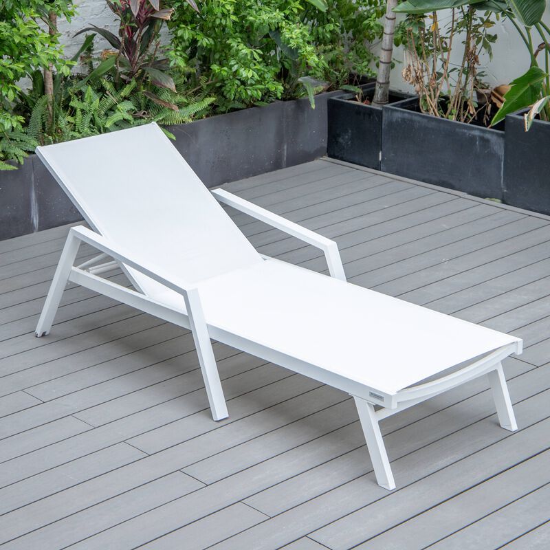 LeisureMod Marlin Adjustable Patio Chaise Lounge Chair with Armrests &ndash; White Aluminum