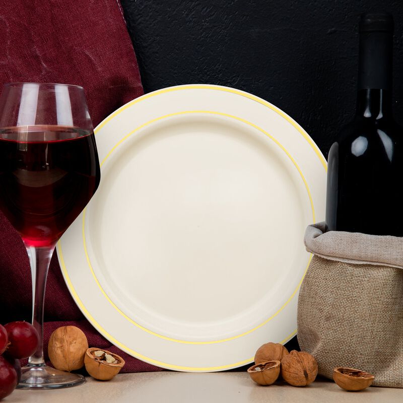 10.25" Ivory with Gold Edge Rim Plastic Dinner Plates (120 Plates) image number 7