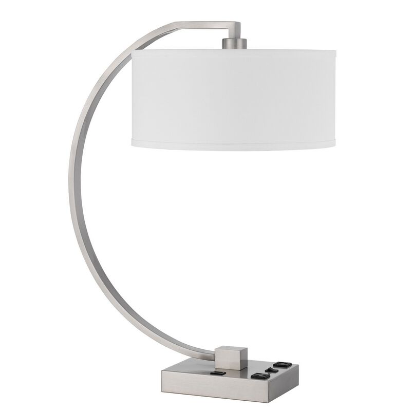 Fory Table Lamp, 2 Outlets, 1 USB Port, Curved Chrome Steel 26 Inch - Benzara