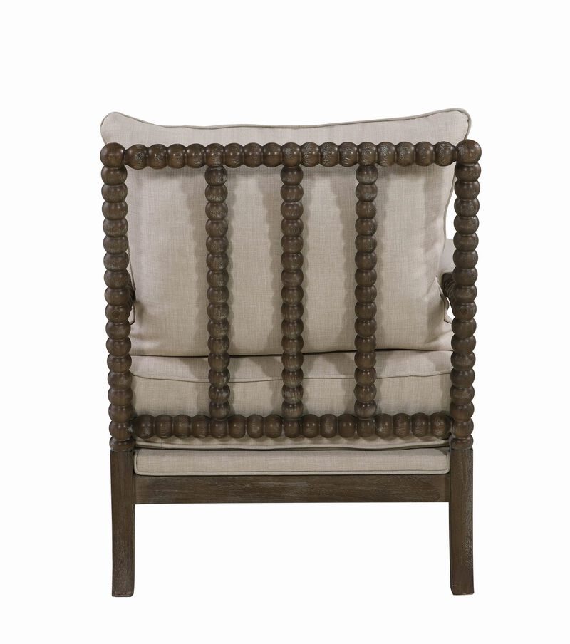 Cushioned Back Fabric Upholstered Spindle Accent Chair, Beige and Brown-Benzara