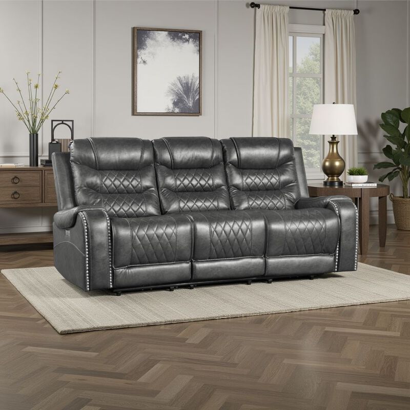 Paul Power Recliner Sofa, 87 Inch, Gray Faux Leather, Drop Down Table - Benjara image number 1