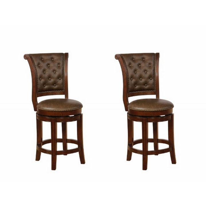Counter Stool with Leatherette Rolled Button Tufted Back, Set of 2, Brown-Benzara