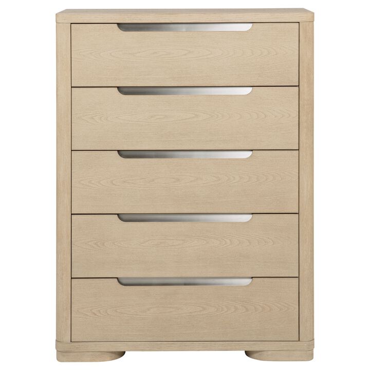 Saina Tall Dresser Chest with 5 Drawers, Fingertip Handles, Brown Wood