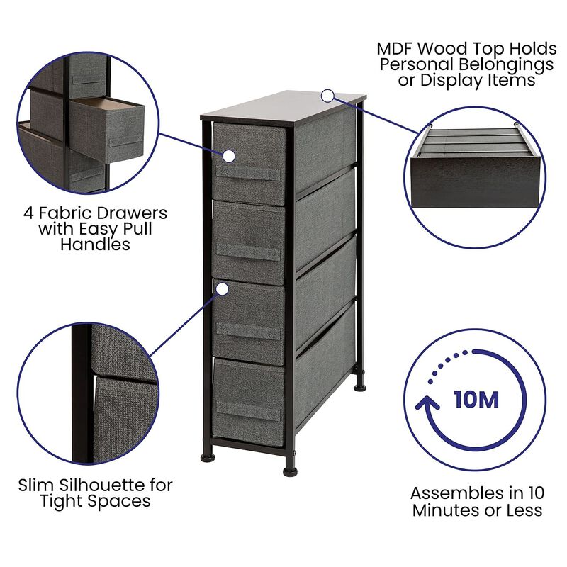 Flash Furniture Harris 4 Drawer Slim Wood Top Black Cast Iron Frame Dresser Storage Tower with Dark Gray Easy Pull Fabric Drawers