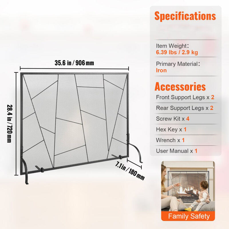 Modern Fireplace Spark Screen with Durable Iron Mesh, Freestanding Hearth Safety Screen-Black image number 2