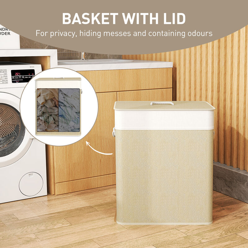 Hivvago Double Compartment Bamboo Laundry Basket with Liner image number 4