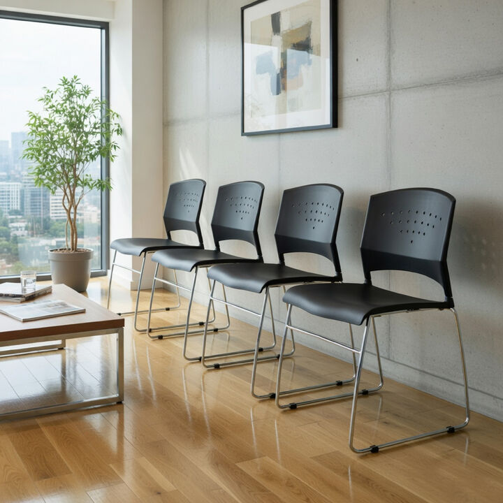 Anu Stack Chair Set of 4, Sculpted Black Polypropylene, Chrome Sled Base