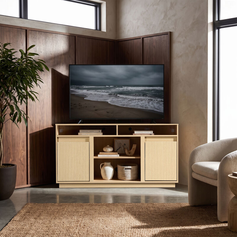 47" Modern Natural Oak Wood Fluted Door Corner TV Stand Media Console with Open Shelf and Cabinet for TVs up to 50" image number 2