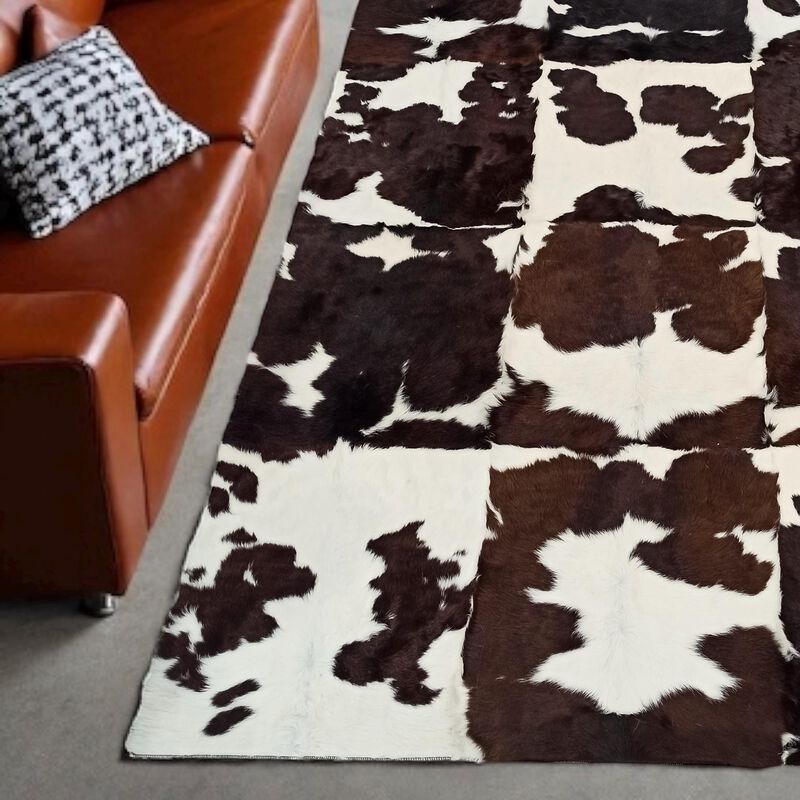Brown and White Patchwork Cowhide Rug image number 3