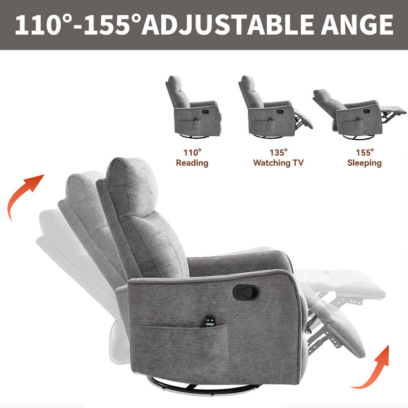 Heat Massage Manual Recliner Chair with Rocker and Swivel in Fabric for Living Room, Dark Grey