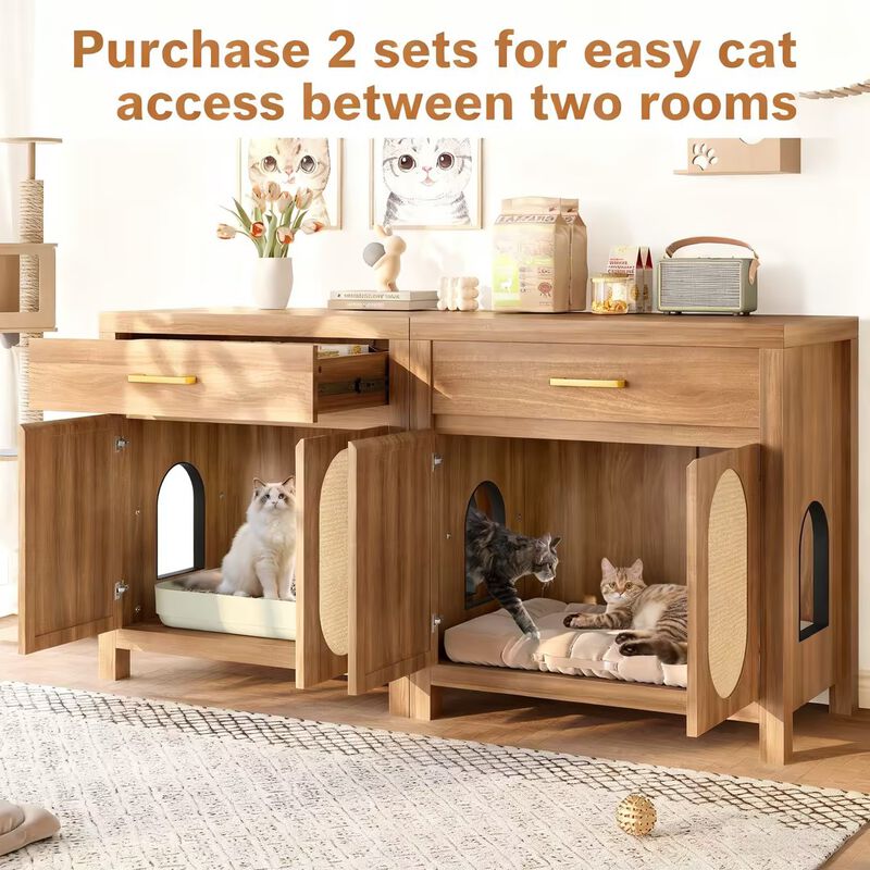 Whisen 31.5" Pet Furniture, Cat Litter Box Enclosure with Sisal Scratcher, MDF Hidden Litter Cabinet with Drawer image number 4