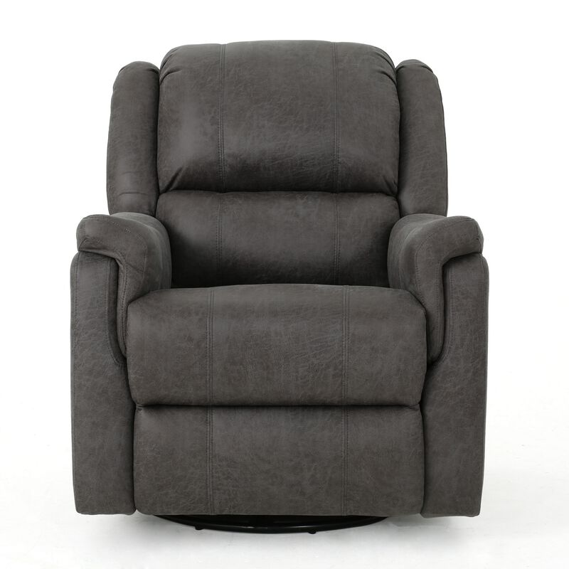 Swivel Manual Reclining Chair, Pillow Cushions, Smooth Gray Fabric - Benzara