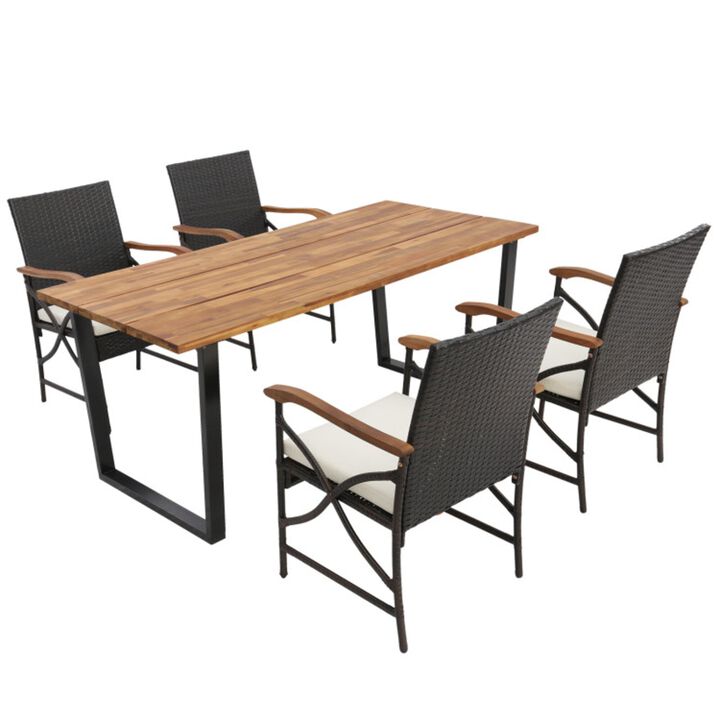 Mondawe 5-Piece Patio Luxury Rattan Dining Set W/ Acacia Tabletop,Plush Cushions & Umbrella Hole