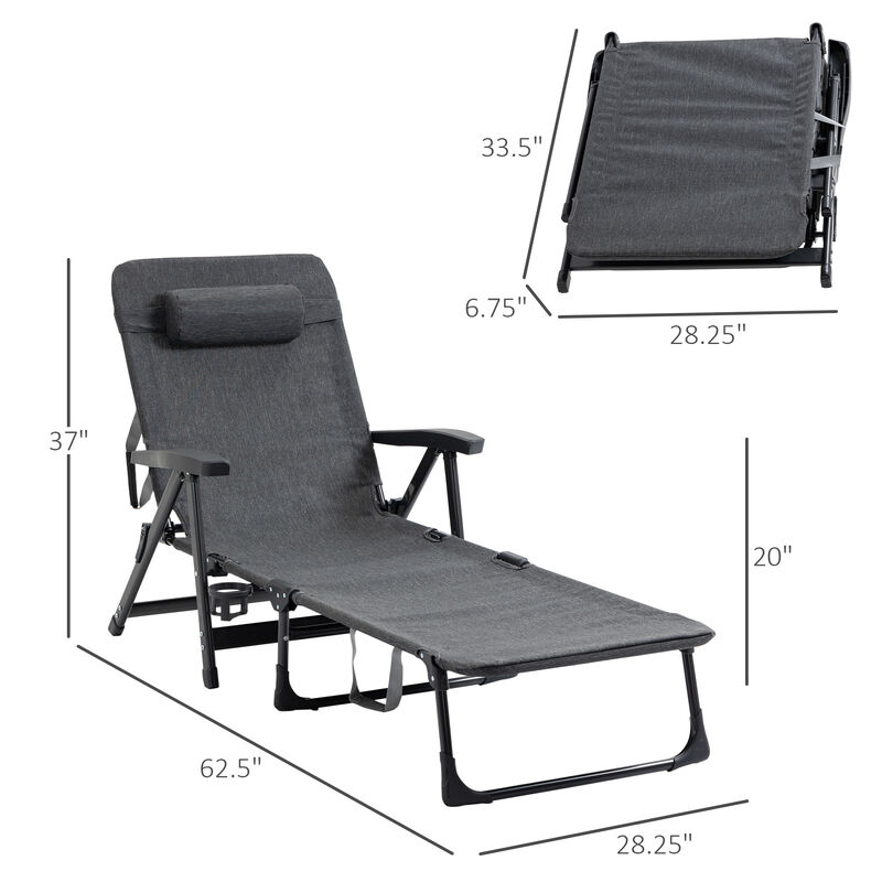 Outsunny Outdoor Folding Lounge Chaise Chair, Pool Chair with Adjustable Backrest, Pillow and Cup Holder for Poolside, Deck, Lawn, Gray