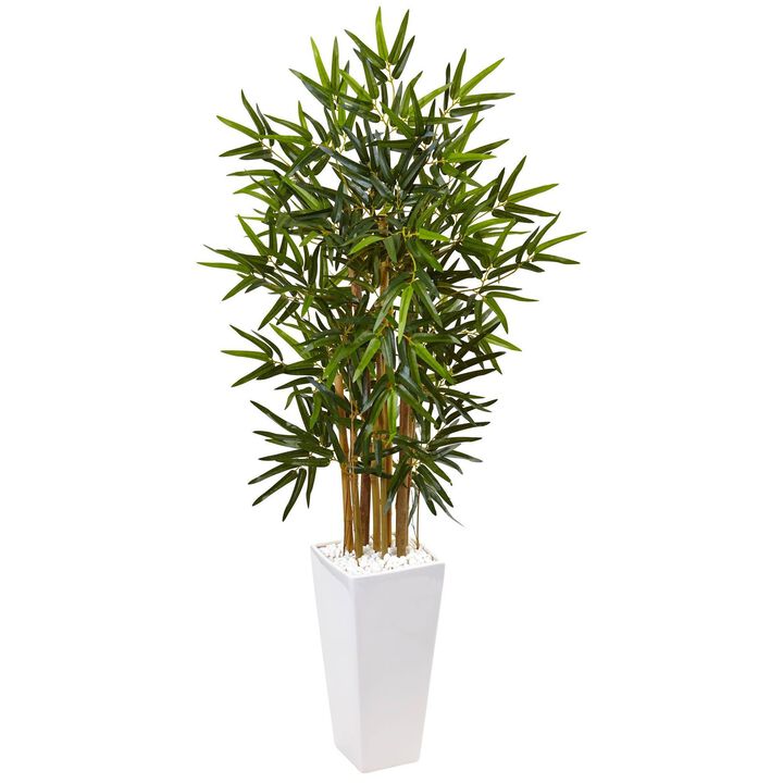 Nearly Natural 4-ft Bamboo Tree in White Tower Planter
