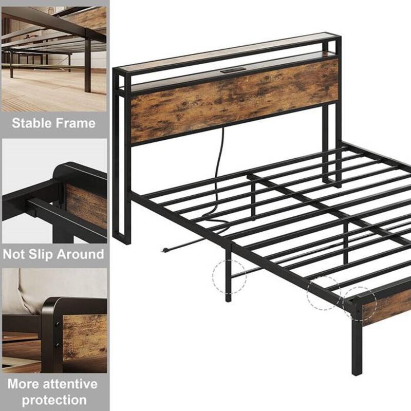 Hivvago King Size Industrial Platform Bed Frame with Storage Headboard and Power Outlets