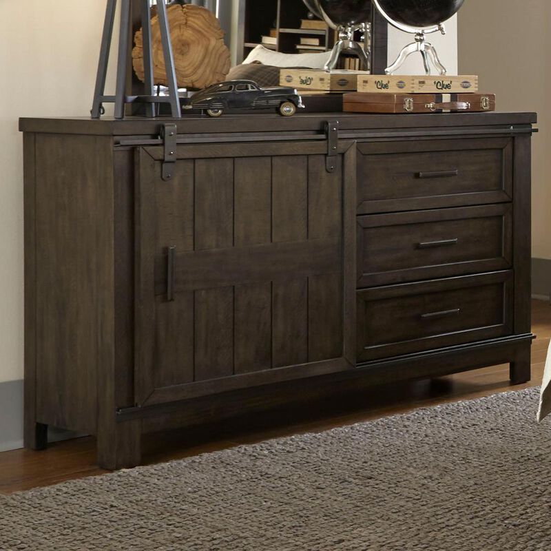 Liberty Furniture Thornwood Hills Barn Door Dresser in Rock Beaten Brown w/ Saw Cuts image number 2