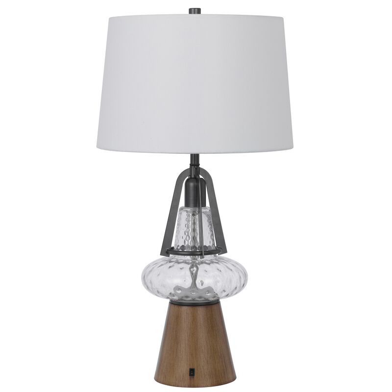 Leya 30 Inch Table Lamp, Lantern Style Glass Base, White Fabric Shade - Benzara