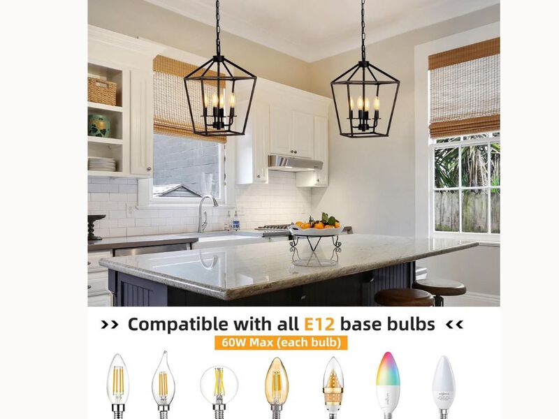 4-Light Black Lantern Chandelier – Adjustable Farmhouse Cage Pendant for Kitchen Island, Entryway & Indoor Spaces (E12 Base)