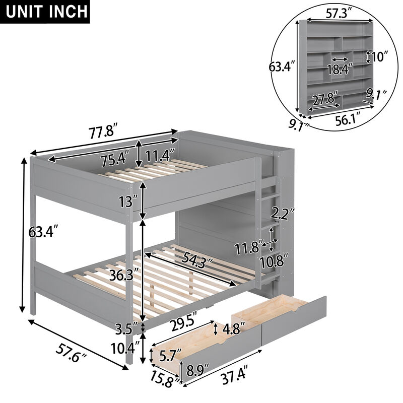 Full Over Full Bunk Bed With 2 Drawers And Multilayer Cabinet