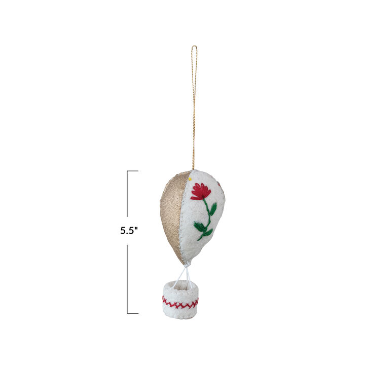 Handmade Cotton Canvas Hot Air Balloon Ornament with Embroidered Flowers, Multicolor