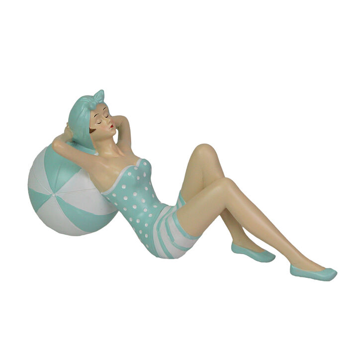Retro Bathing Beauty Beach Girl Laying On Beachball In Blue Swimsuit Statue