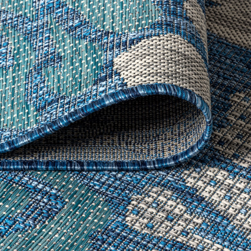 Zinnia Modern Floral Textured Weave Navy/Aqua. Indoor/Outdoor Runner Rug