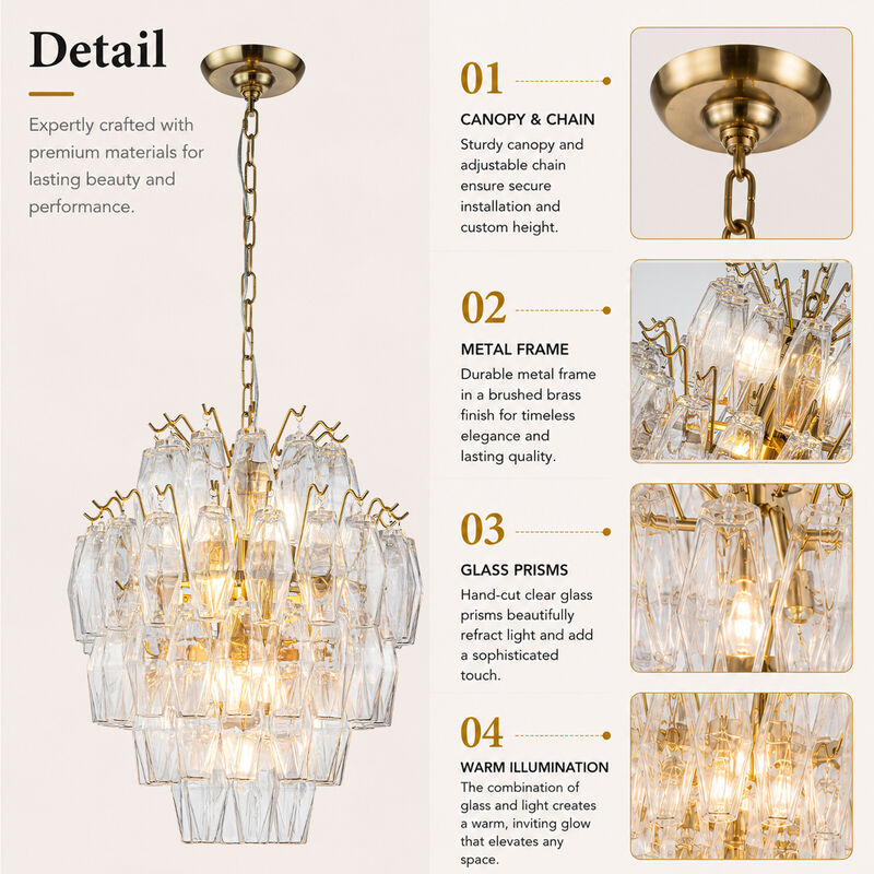 18'' Midcentury Modern Murano Glass Round Chandeliers 6-Light Handblown Glass Pendant Light Fixture Warm Brass Finish For Dining Room Living Room image number 4