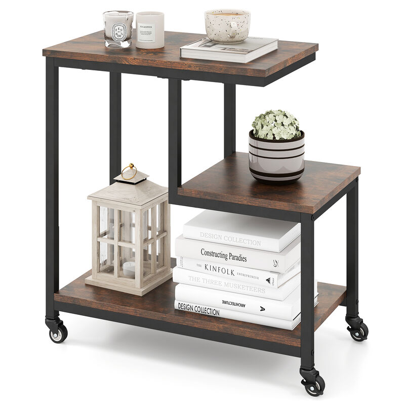 3-Tier Rolling Side Table with G-Shaped Frame and Open Display Shelves