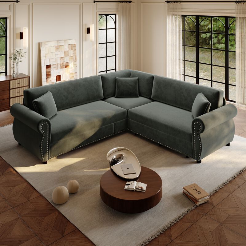 Possku Chenille L‑Shaped Sectional Sleeper Sofa image number 1