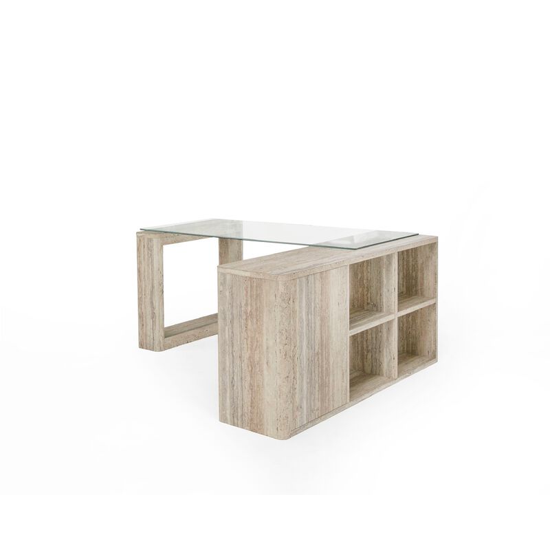 Noe Mali L Shaped Desk, Faux Travertine, 4 Shelves, 63 Inch Glass Top - Benzara image number 1