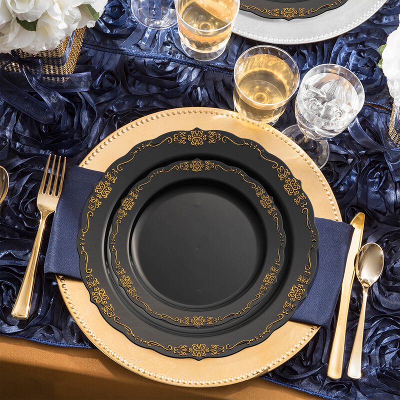 Black with Gold Vintage Rim Round Plastic Wedding Value Set (30 Sets) image number 9
