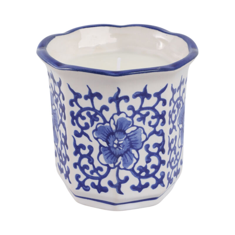 4", 6oz Fluted Chinoiserie Candle , Blue/white image number 2