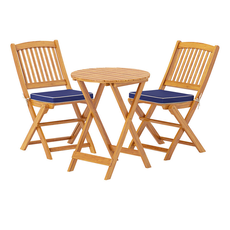 3 Pieces Acacia Wood Patio Folding Bistro Set with Soft Cushions