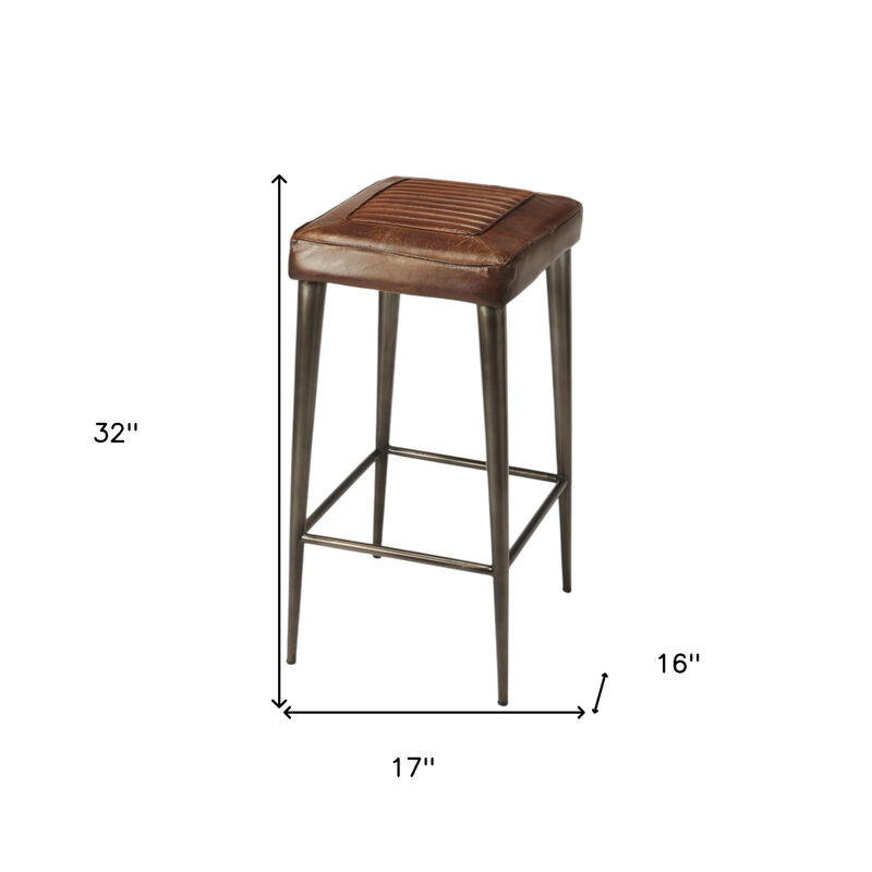 HomeRoots 32" Brown And Gray Genuine Leather And Iron Backless Counter Height Bar Chair image number 6