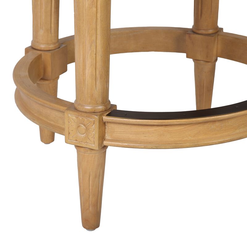 HomeRoots 30" Beige and Natural Fabric and Solid Wood Bar Height Swivel Bar Chair image number 3