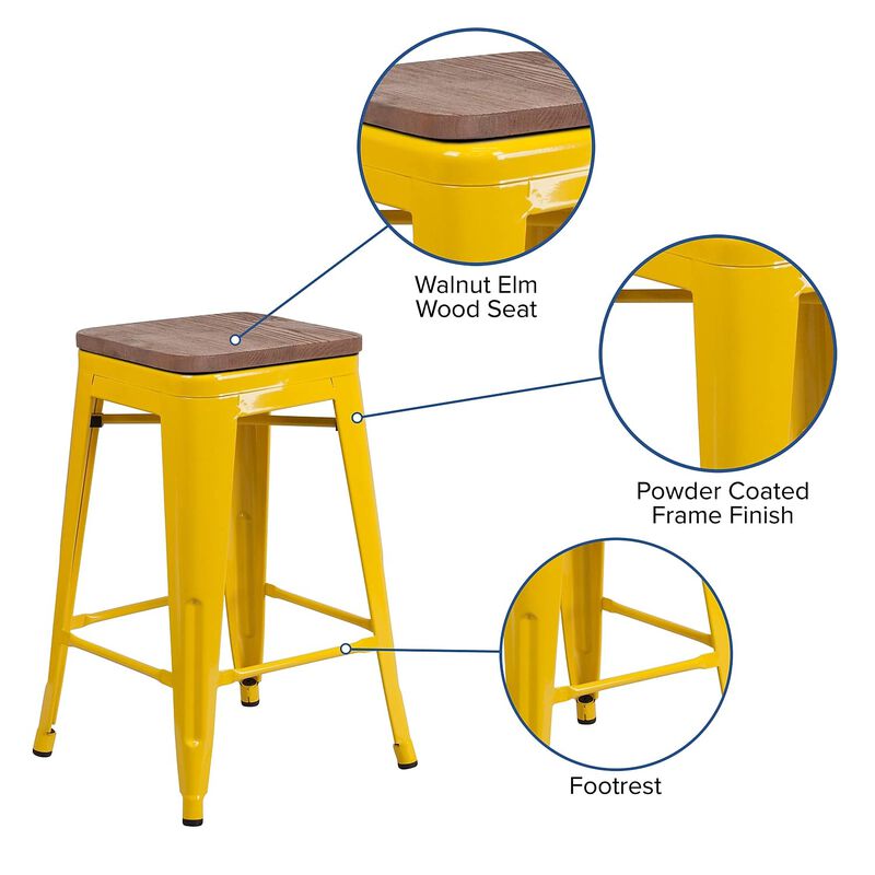 Flash Furniture Lily 24" High Backless Yellow Metal Counter Height Stool with Square Wood Seat