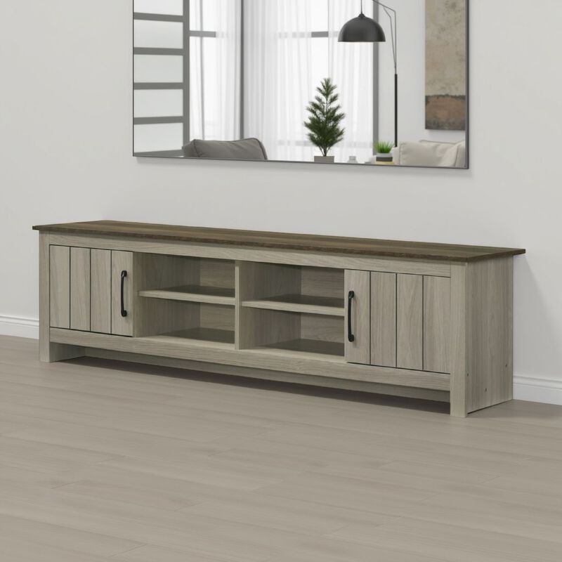 Nena TV Stand Cabinet, 2 Cabinet Doors, Brown Wood Top, Oak Gray - Benzara