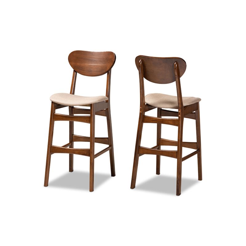 Baxton Studio Katya Mid-Century Modern Sand Fabric Upholstered and Walnut Brown Finished Wood 2-Piece Bar Stool Set