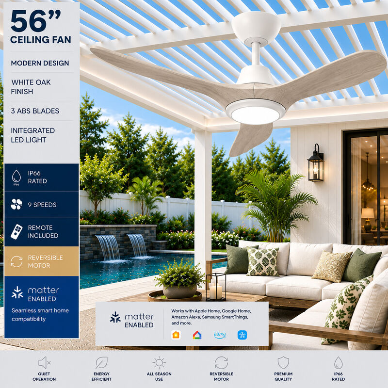 ENLIGHT 56" Smart DC Ceiling Fan with Light, IP66 Outdoor/Coastal Rated, Matter Smart Home Integration, 3 Blades image number 1