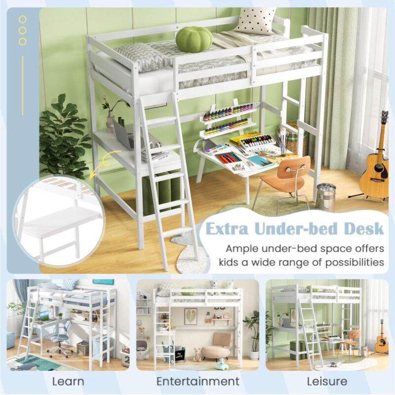Hivvago Twin Size Loft Bed Frame with Desk Angled and Built-in Ladder