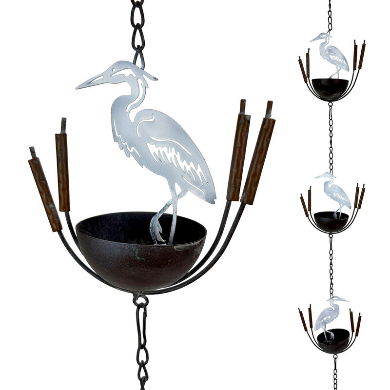 Metal Rain Chain 102 in White Heron Bird Rustic Outdoor Gutter Decor Bell image number 0