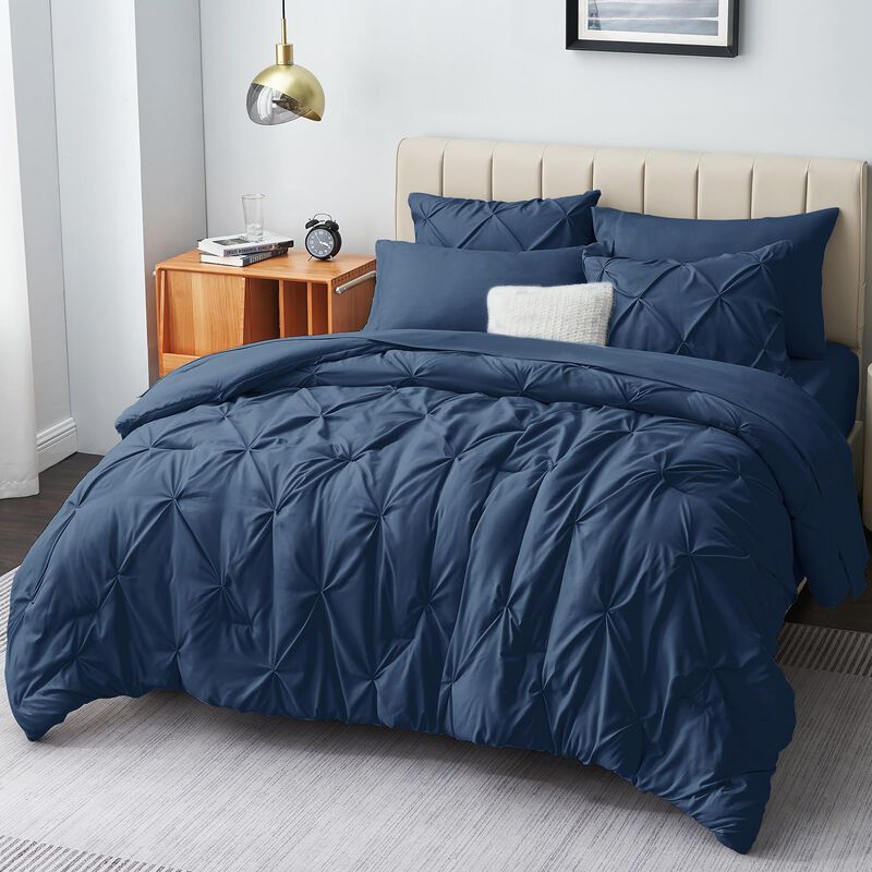 CozyLux Queen Comforter Set - 7 Pieces Comforters Queen Size Navy Blue, Pintuck Bed in A Bag Pinch Pleat Bedding Sets with All S